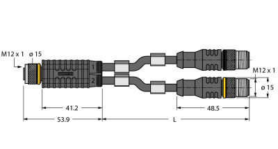 Соединительная системаY-разветвитель с кабелем, розетка M12 x 1 - 2 x вилки M12 x 1 - VBRK4.4-2RSC4T-1,5/1,5/TEL