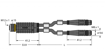 Соединительная системаY-разветвитель с кабелем, розетка M12 x 1 - 2 x вилки M8 x 1 - VBRK4.4-2PSG3M-1,5/1,5/TEL
