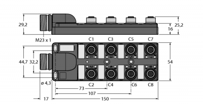 Распределительная коробка для пассивных приводов/датчиков, М12 х 18-порт., с разъемом вилка M23 для входящей линии - TB-8M12-4P2-CS12H
