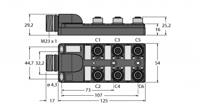 Распределительная коробка для пассивных приводов/датчиков, М12 х 16-порт., с разъемом вилка M23 для входящей линии - TB-6M12-5P3-CS19H