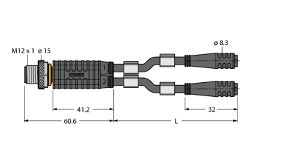 Соединительная системаY-разветвитель с кабелем, вилка M12 x 1 - 2 x розетки O 8 мм - VBRS4.4-2PKG3S-1/1/TEL