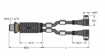 Соединительная системаY-разветвитель с кабелем, вилка M12 x 1 - 2 x розетки O 8 мм - VBRS4.4-2PKW3S-0,6/0,6/TXL