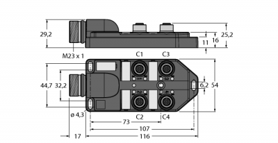 Распределительная коробка для пассивных приводов/датчиков, М12 х 14-порт., с разъемом вилка M23 для входящей линии - TB-4M12-5P3-CS19H