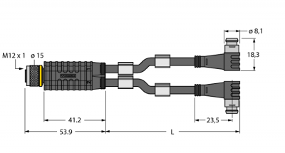 Соединительная системаY-разветвитель с кабелем, розетка M12 x 1 - 2 x вилки O 8 мм - VBRK4.4-2PSW3S-5/5/TXL