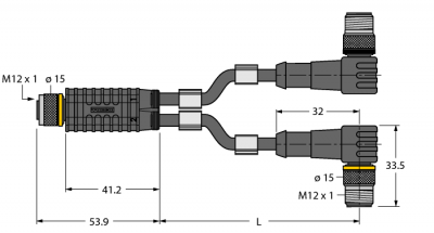 Соединительная системаY-разветвитель с кабелем, розетка M12 x 1 - 2 x вилки M12 x 1 - VBRK4.4-2WSC4T-0,3/0,3/TEL