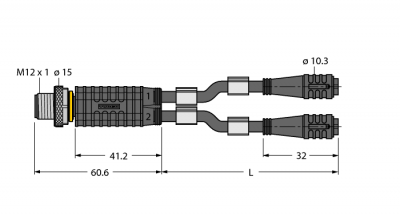 Соединительная системаY-разветвитель с кабелем, вилка M12 x 1 - 2 x розетки O 8 мм (с защитным фиксатором) - VBRS4.4-2PKG3Z-1,5/1,5/TXL
