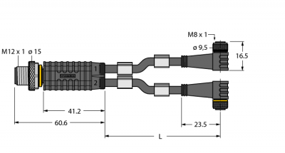 Соединительная системаY-разветвитель с кабелем, вилка M12 x 1 - 2 x розетки M8 x 1 - VBRS4.4-2PKW3M-5/5/TEL