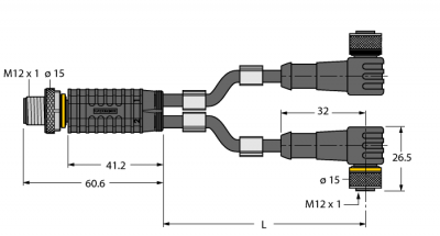 РазветвителиY-splitter with cable, male M12 x 1 - 2 x female M12 x 1 - VBRS4.4-2WKC4T-0,6/0,6/TXL