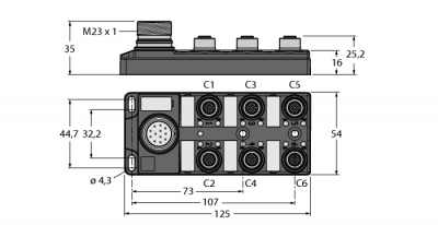 Распределительная коробка для пассивных приводов/датчиков, М12 х 16-порт., с разъемом вилка M23 для входящей линии - TB-6M12-4-CS12T