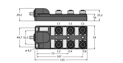 Распределительная коробка для пассивных приводов/датчиков, М12 х 16-крат., с интегрированным кабелем, возвращающемся к началу цепочки - TB-6M12-4-2/TXL