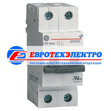 GE 686961 EP102ULD02 Модульный автоматический выключатель Серия EP100UL ElfaPlus, макс. откл. способность 10000А (МЭК 898), 2P/ 2мод.(18мм), характеристика откл. D (10 - 20 крат. I ном.), Iн=2А, U= 415В АС , прозрачное окошко для паспортной таблички, возм