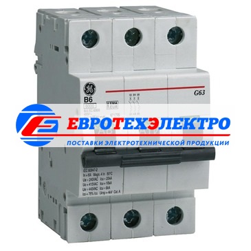 GE 674817 G63D25 Модульный автоматический выключатель Серия G60 Redline, макс. откл. способность 6000А (МЭК 898), 3P/ 3мод.(18мм), характеристика откл. D (10 - 20 крат. I ном.), Iн=25А, U= 415В АС