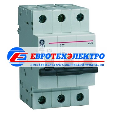 GE 674525 G43C06 Модульный автоматический выключатель Серия G40 Redline, макс. откл. способность 4500А (МЭК 898), 3P/ 3мод.(18мм), характеристика откл. С (5 - 10 крат. I ном.), Iн=6А, U= 415В АС