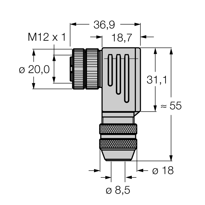 Круглый разъем M12 x 1разборный разъем 'мама', угловой - BMWS8251-8,5