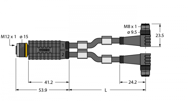 Соединительная системаY-разветвитель с кабелем, розетка M12 x 1 - 2 x вилки M8 x 1 - VBRK4.4-2PSW3M-1/1/TEL