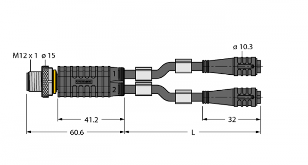 Соединительная системаY-разветвитель с кабелем, вилка M12 x 1 - 2 x розетки O 8 мм (с защитным фиксатором) - VBRS4.4-2PKG3Z-1/1/TEL
