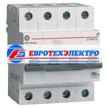GE 686928 EP104ULC10 Модульный автоматический выключатель Серия EP100UL ElfaPlus, макс. откл. способность 10000А (МЭК 898), 4P/ 4мод.(18мм), характеристика откл. С (5 - 10 крат. I ном.), Iн=10А, U= 415В АС , прозрачное окошко для паспортной таблички, возм